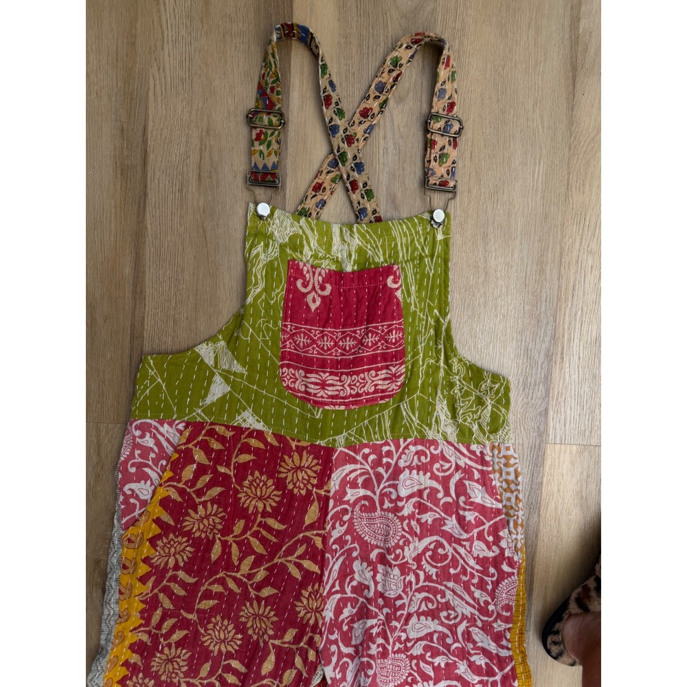 Karma Nepal Craft Kantha Patchwork Overalls Boho Wide Leg hippie artsy Cotton - Picture 2 of 8